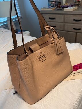 Tory Burch Taupe Pebbled Leather Shoulder Tote with Tassel